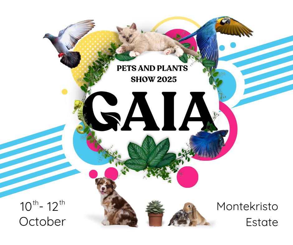 promotional banner for gaia pets and plants show 2025 featuring birds, cat, dog, leaves, and colorful graphics