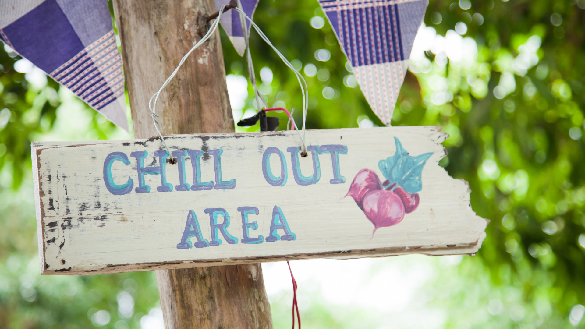 Wooden sign with text “Chill Out Area” hanging outdoors with bunting